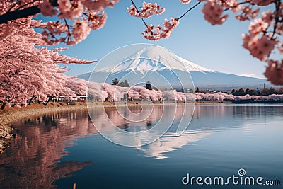 Japanese cherry blossoms frame Mt Fuji at Kawaguchiko lake Stock Photo