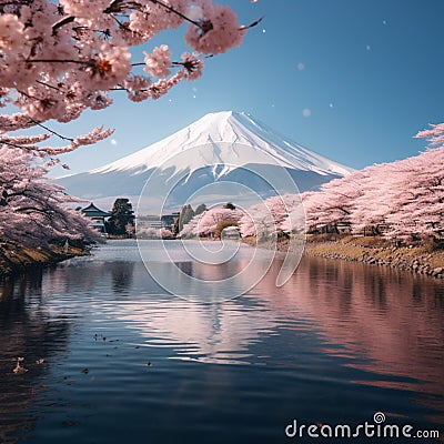 Japanese cherry blossoms frame Mt Fuji at Kawaguchiko lake Stock Photo