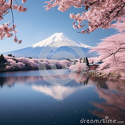 Japanese cherry blossoms frame Mt Fuji at Kawaguchiko lake Stock Photo