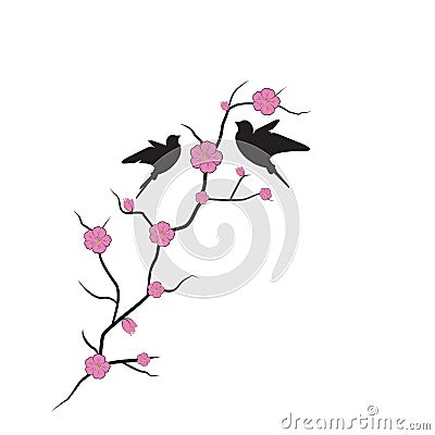 Japanese Cherry tree illustration with flying birds silhouette, vector, wall decals, wall art work, Minimalist poster design Cartoon Illustration