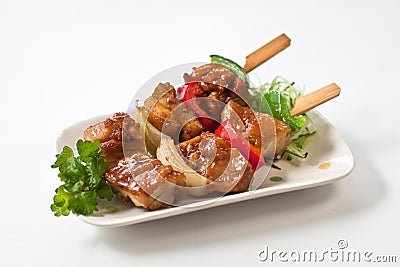 Japanese Chicken Kushiyaki, Skewered and Grilled Meat Stock Photo