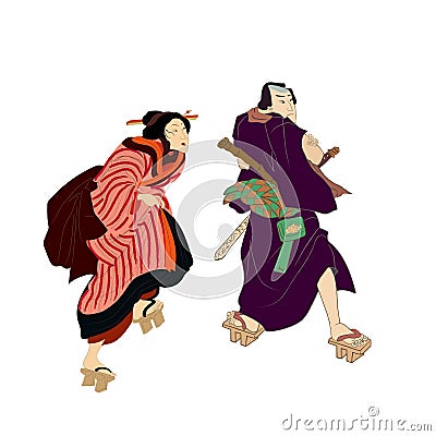 Japanese and Chinese culture vector illustration. Geisha and samurai warriors. Traditional Japanese culture, geisha Vector Illustration