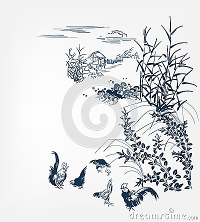 Japanese chinese design sketch ink paint style card background village chicken birds bulrush pond Stock Photo