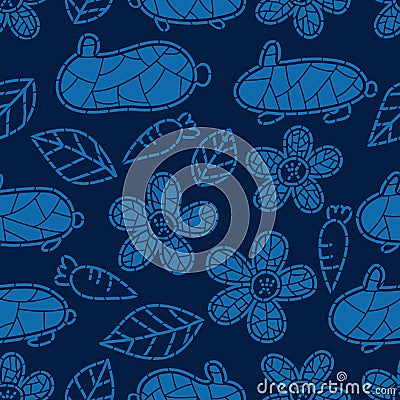 Japanese Chinese style rabbit carrot flower leaf seamless pattern Vector Illustration