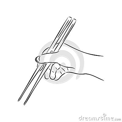 Japanese chopsticks. Hand with Chinese Sticks. Bamboo Chopsticks. Asian cuisine. Vector flat outline icon illustration Vector Illustration