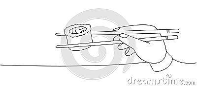 Japanese chopsticks holding sushi roll one line continuous drawing. Japanese cuisine, traditional food continuous one Vector Illustration