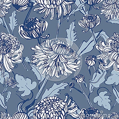 Japanese chrysanthemum hand drawn seamless pattern with buds, flowers, leaves. Vintage style illustration. Vector Illustration