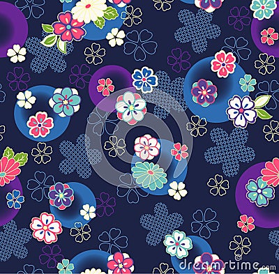 Japanese Colorful Cherry Blossom Circle Seamless Pattern Vector Illustration