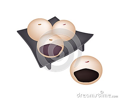 Japanese Confection of Manju on Black Geta Plate Vector Illustration