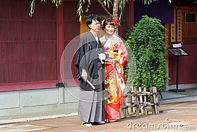 June 2018, Young Japanese couple traditional costumes Higashi Chaya Geisha district, Kanazawa, Japan Editorial Stock Photo