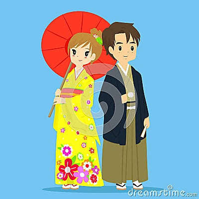 Japanese Couple in Traditional Kimono Vector Illustration