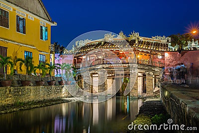 Japanese Covered ancient Bridge and River in Street in Old city of Hoi An in Southeast Asia in Vietnam. Vietnamese heritage and Stock Photo