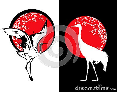 Japanese crane bird and sakura branches against red sun vector silhouette design Vector Illustration