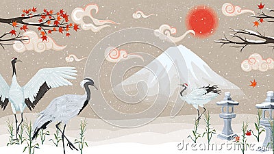 Japanese cranes at sunset in winter Vector Illustration
