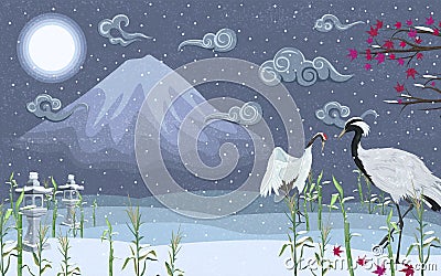 Japanese Cranes in winter at night against the background of a mountain Vector Illustration