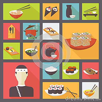 Japanese cuisine, food icons set, flat design Vector Illustration