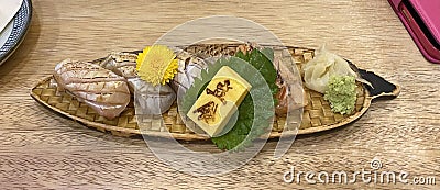 Japanese Cuisine Fresh Seafood Fish Sushi Salmon Tuna Wrap Seaweed Vegetable Rice Vinegar Wasabi Stock Photo