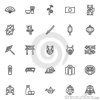 Japanese culture line icons set Vector Illustration