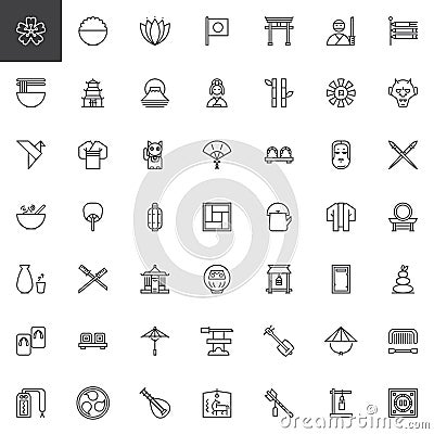 Japanese culture outline icons set Vector Illustration