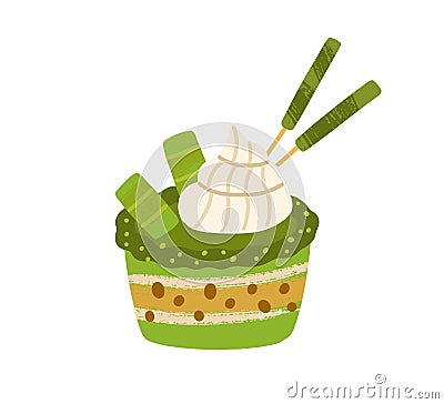 Japanese cupcake with matcha green tea flavour. Asian natural vegetarian sponge dessert. Healthy oriental dairy-free Vector Illustration