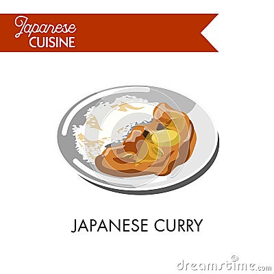 Japanese curry with boiled rice on shiny plate Vector Illustration