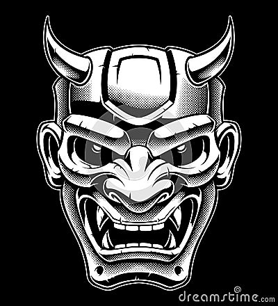 Japanese demon mask, black and white version. Vector Illustration