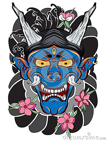 Japanese demon mask tattoo for arm. hand drawn Oni mask with cherry blossom and peony flower. Japanese demon mask on wave and saku Vector Illustration