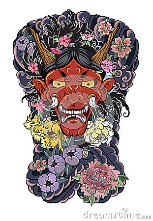 Japanese Demon`s mask tattoo design full back body.The Oni mask with water splash and peony flower,cherry blossom Vector Illustration