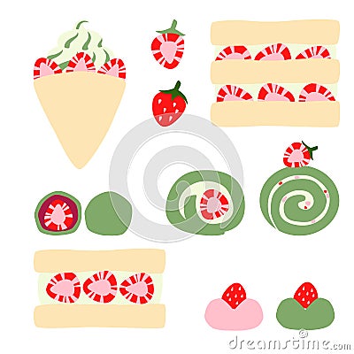 Japanese dessert with strawberry and green tea flavor Vector Illustration