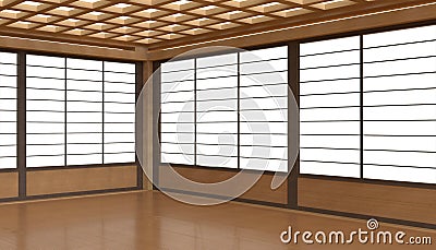Japanese display Room Perspective view and wooden flooring minimal Space on light White background Stock Photo