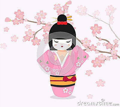 Japanese doll with cherry tree background Vector Illustration