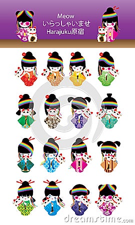 Japanese doll girl Harajuku Maneki Neko set Vector Illustration