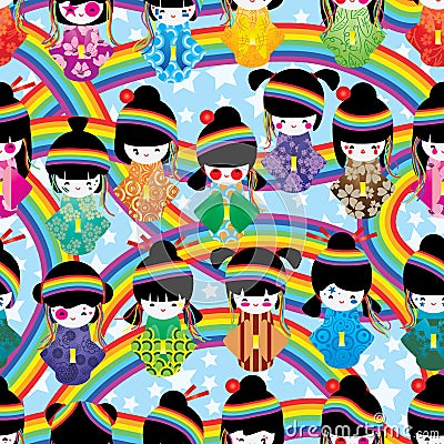 Japanese doll girl Harajuku rainbow seamless pattern Vector Illustration