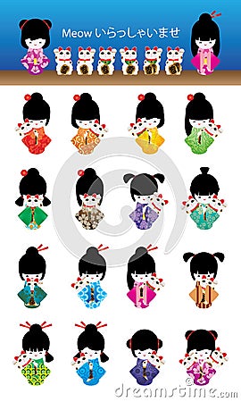 Japanese doll girl Maneki Neko set Vector Illustration