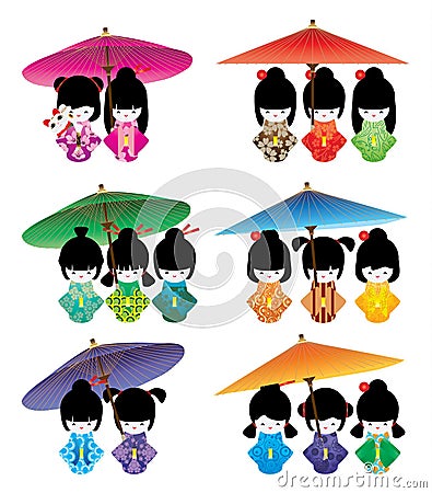 Japanese doll girl umbrella Maneki Neko set Vector Illustration