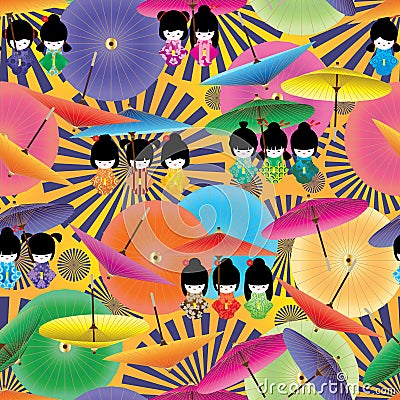 Japanese doll girl umbrella seamless pattern Vector Illustration