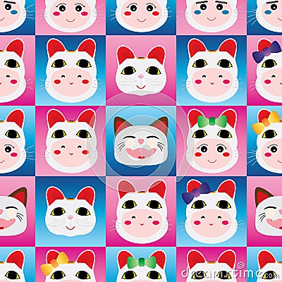 Japanese doll Maneki Neko head seamless pattern Vector Illustration