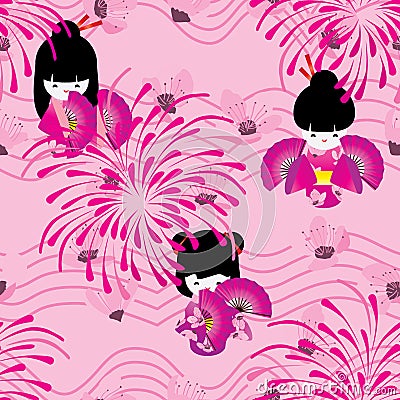 Japanese doll pink sakura firework wave line seamless pattern Vector Illustration