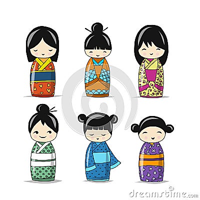 Japanese dolls collection, sketch for your design Vector Illustration