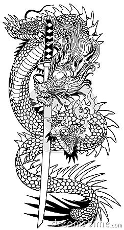 A Japanese dragon with a katana sword. Black and white Vector Illustration