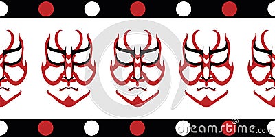 Japanese drama Kabuki face vector border. Banner of red and black theatre masks on white backdrop with dotted edging Vector Illustration