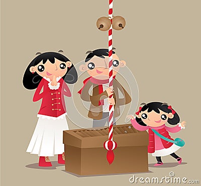 A Japanese family prays and makes worship at Japanese temple. Vector Illustration