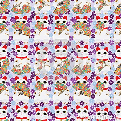 Japanese fan Maneki neko seamless pattern Vector Illustration