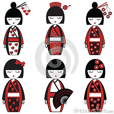 Japanese female dolls inspired by Asian culture Vector Illustration