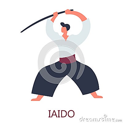 Japanese fighting art sword attack isolated male character Vector Illustration