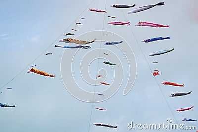 Japanese Fish Flag: Koinobori. In Japan fish flags are symbols for children's day. Stock Photo