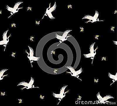 Japanese Flying Crane Flock Seamless Pattern Vector Illustration