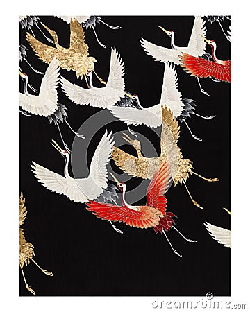 Japanese flying cranes vintage illustration wall art print and poster design remix from original artwork Cartoon Illustration