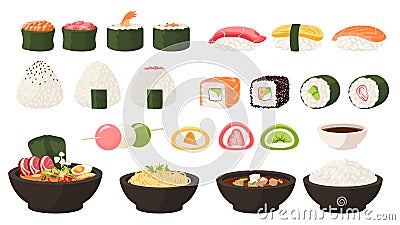 Japanese food. Asian cuisine. Cartoon sushi and rolls. Oden soup or okonomiyaki. Traditional sweets. Yummy mochi and Vector Illustration