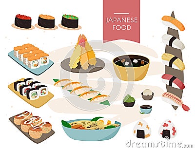 Japanese food collection. Vector realistic set of sushi, soups etc. Vector Illustration